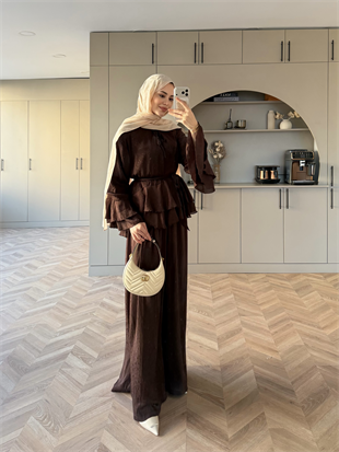 Asmila Yoryo Şifon Kat Kat Pantolonlu Takım Kestane (8221) 