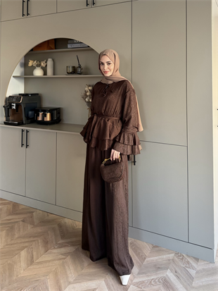 Asmila Yoryo Şifon Kat Kat Pantolonlu Takım Kahve (8221)
