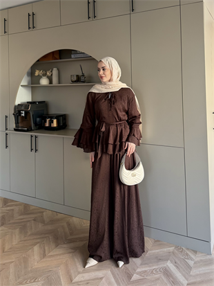 Asmila Yoryo Şifon Kat Kat Pantolonlu Takım Kestane (8221) 