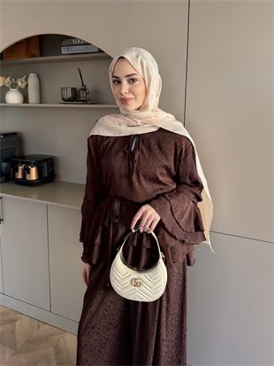 Asmila Yoryo Şifon Kat Kat Pantolonlu Takım Kestane (8221) 