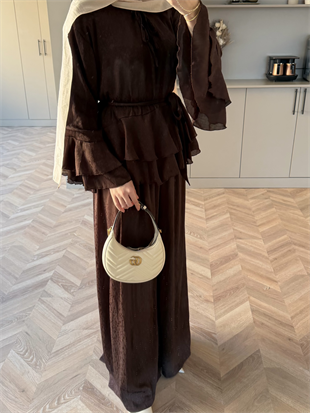 Asmila Yoryo Şifon Kat Kat Pantolonlu Takım Kestane (8221) 