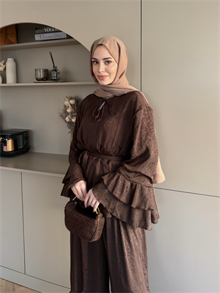 Asmila Yoryo Şifon Kat Kat Pantolonlu Takım Kahve (8221)