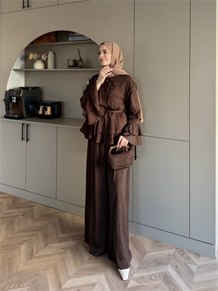 Asmila Yoryo Şifon Kat Kat Pantolonlu Takım Kahve (8221)