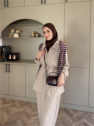 Athena Beli Büzgülü Büzgülü Pantolonlu Takım Bej (4592)