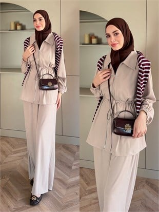 Athena Beli Büzgülü Büzgülü Pantolonlu Takım Bej (4592)