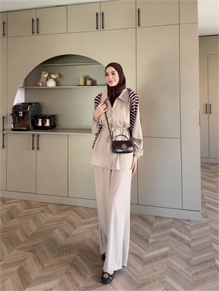 Athena Beli Büzgülü Büzgülü Pantolonlu Takım Bej (4592)