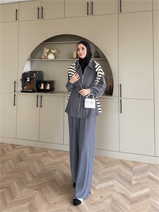 Athena Beli Büzgülü Pantolonlu Takım Antrasit (4592)