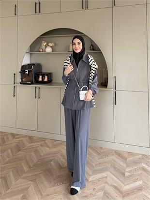 Athena Beli Büzgülü Pantolonlu Takım Antrasit (4592)