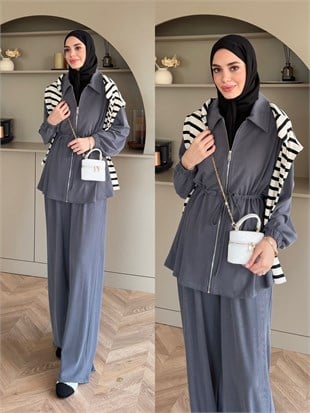Athena Beli Büzgülü Pantolonlu Takım Antrasit (4592)