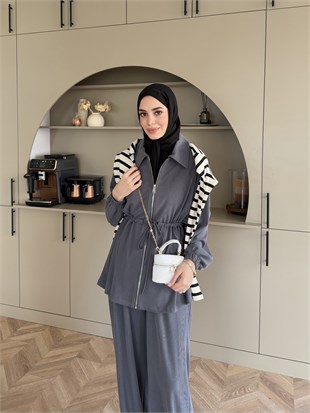 Athena Beli Büzgülü Pantolonlu Takım Antrasit (4592)