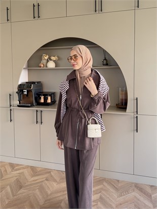 Athena Beli Büzgülü Pantolonlu Takım Kahve (4592)