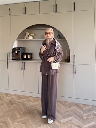 Athena Beli Büzgülü Pantolonlu Takım Kahve (4592)