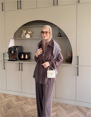 Athena Beli Büzgülü Pantolonlu Takım Kahve (4592)