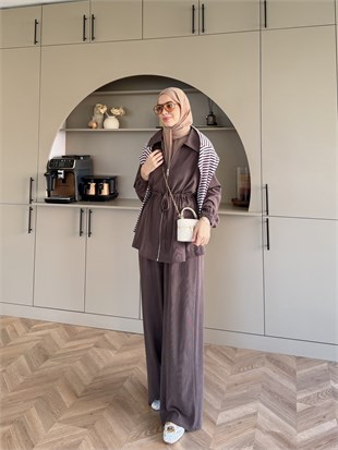 Athena Beli Büzgülü Pantolonlu Takım Kahve (4592)