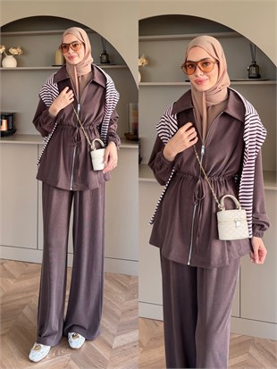 Athena Beli Büzgülü Pantolonlu Takım Kahve (4592)