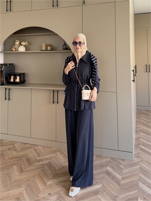 Athena Beli Büzgülü Pantolonlu Takım Lacivert (4592)