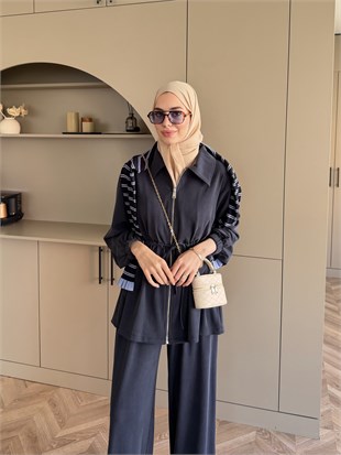 Athena Beli Büzgülü Pantolonlu Takım Lacivert (4592)