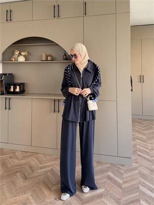 Athena Beli Büzgülü Pantolonlu Takım Lacivert (4592)