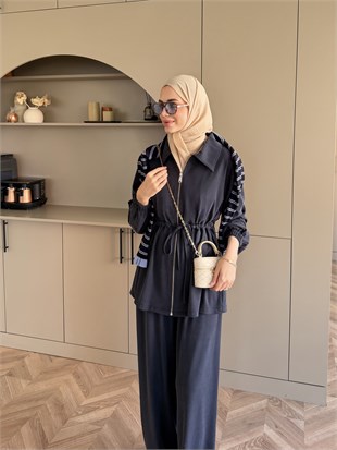 Athena Beli Büzgülü Pantolonlu Takım Lacivert (4592)