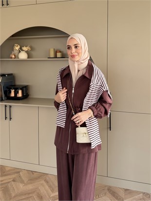 Athena Beli Büzgülü Pantolonlu Takım Mürdüm (4592)