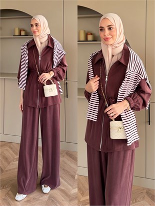 Athena Beli Büzgülü Pantolonlu Takım Mürdüm (4592)