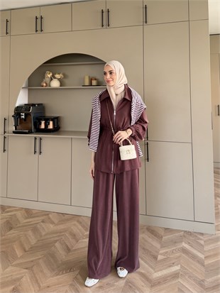 Athena Beli Büzgülü Pantolonlu Takım Mürdüm (4592)