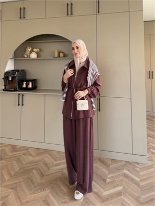 Athena Beli Büzgülü Pantolonlu Takım Mürdüm (4592)