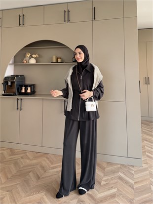 Athena Beli Büzgülü Pantolonlu Takım Siyah (4592)