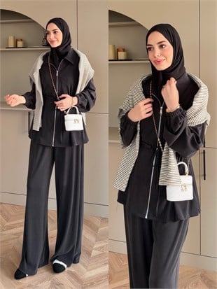 Athena Beli Büzgülü Pantolonlu Takım Siyah (4592)
