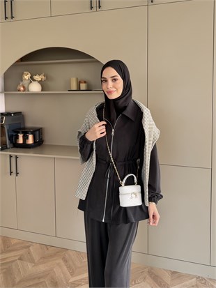 Athena Beli Büzgülü Pantolonlu Takım Siyah (4592)