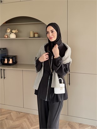 Athena Beli Büzgülü Pantolonlu Takım Siyah (4592)