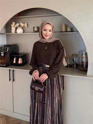 Aveline Çizgili Etekli Takım Kahve (5793)