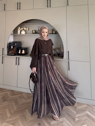 Aveline Çizgili Etekli Takım Kahve (5793)
