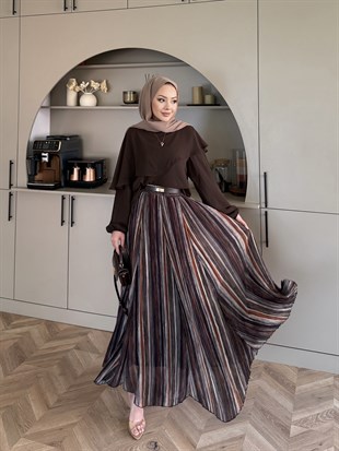 Aveline Çizgili Etekli Takım Kahve (5793)