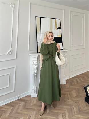 Away Keten Elbise Yeşil