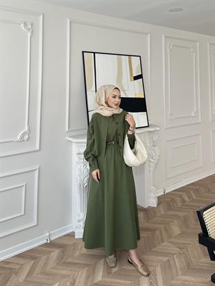 Away Keten Elbise Yeşil