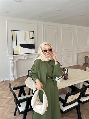 Away Keten Elbise Yeşil