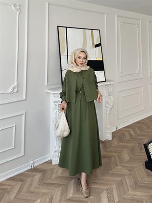 Away Keten Elbise Yeşil