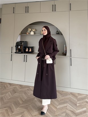 Aymira Düğmeli Uzun Trenç Mürdüm (7589)