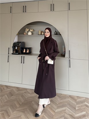 Aymira Düğmeli Uzun Trenç Mürdüm (7589)