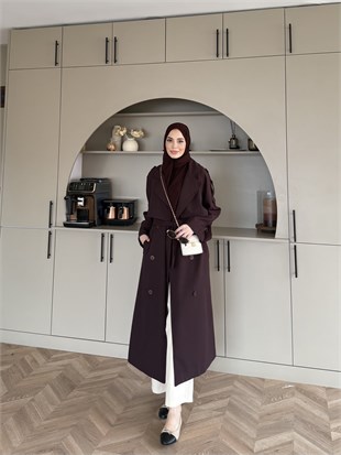 Aymira Düğmeli Uzun Trenç Mürdüm (7589)