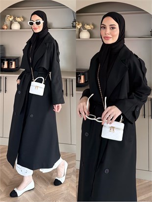Aymira Düğmeli Uzun Trenç Siyah (7589)