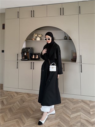 Aymira Düğmeli Uzun Trenç Siyah (7589)