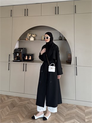 Aymira Düğmeli Uzun Trenç Siyah (7589)