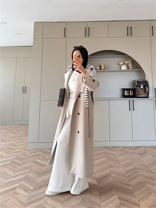 Aymira Düğmeli Uzun Trenç Taş (7589)