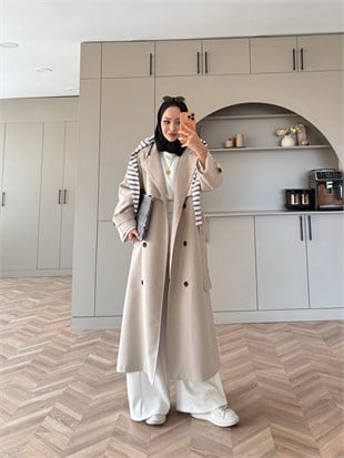 Aymira Düğmeli Uzun Trenç Taş (7589)
