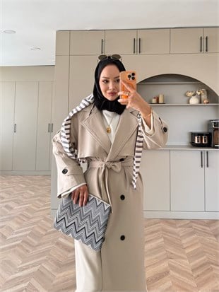 Aymira Düğmeli Uzun Trenç Taş (7589)