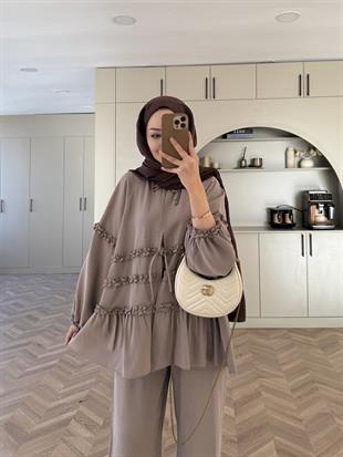 Bağlamalı Fırfır Detaylı Tensel Takım Vizon (1990)