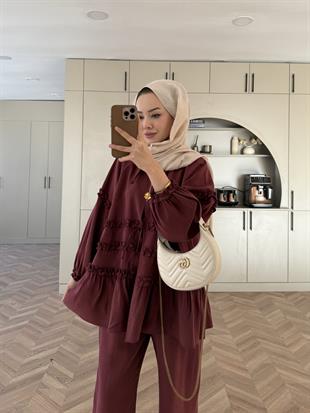 Bağlamalı Fırfır Detaylı Tensel Takım Bordo (1990)