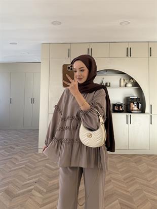 Bağlamalı Fırfır Detaylı Tensel Takım Vizon (1990)